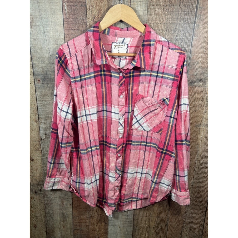 Arizona Jeans Pink Plaid Distressed Flannel XXL Soft Bleached Wash Button Shirt